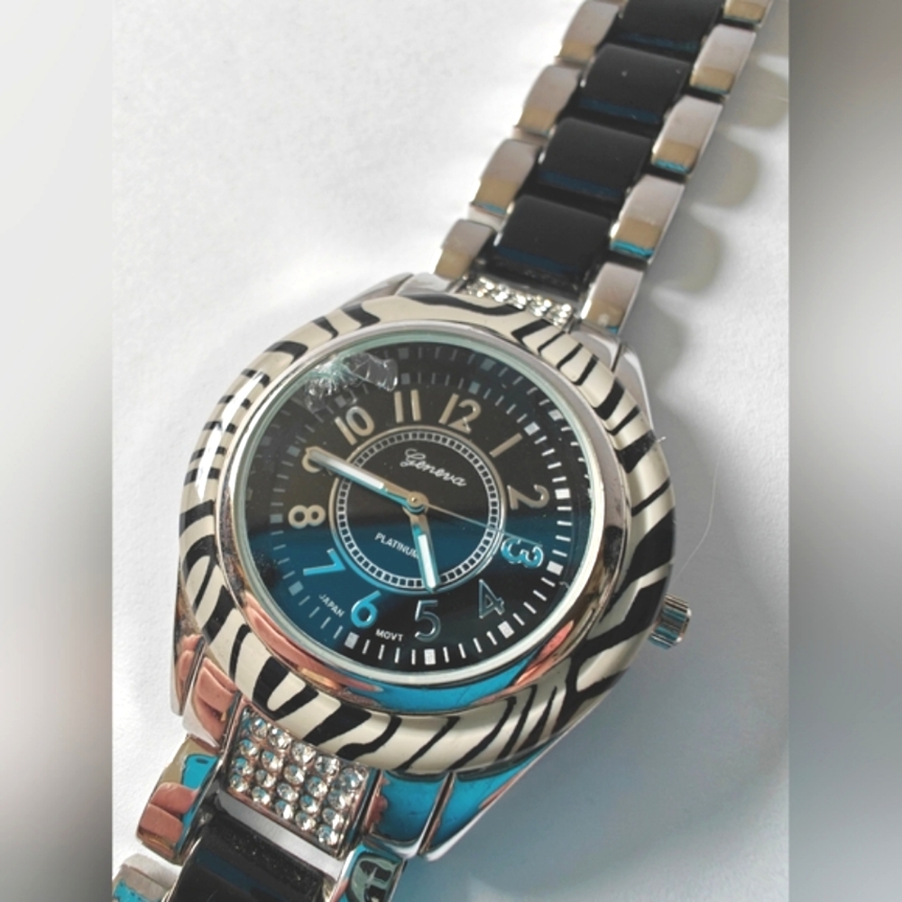 Geneva Platinum Watch With Zebra Print and Rhinestones
